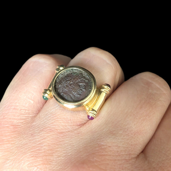 Roman Coin Cocktail Ring 14k Yellow Gold Rubies Emeralds Vintage c.1980s Gift 