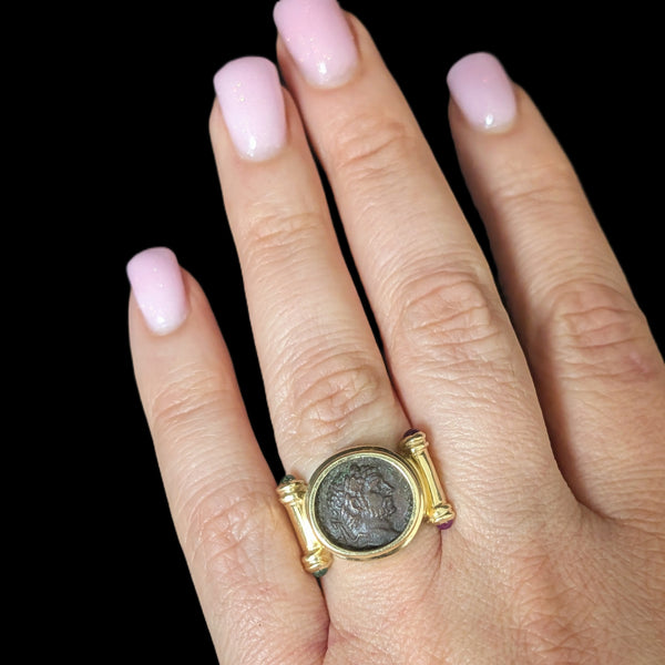 Roman Coin Cocktail Ring 14k Yellow Gold Rubies Emeralds Vintage c.1980s Gift 