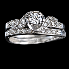 Vintage Ring Set Diamonds 10k White Gold Engagement Ring Wedding Band Retro Gift