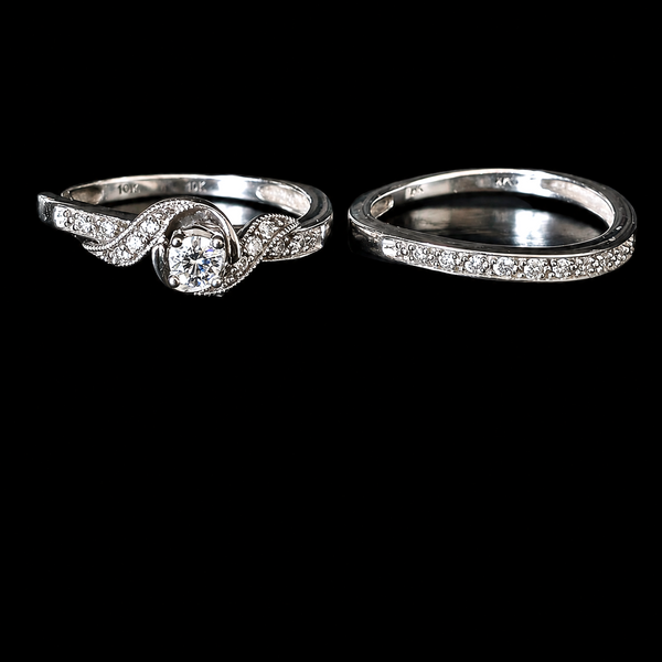 Vintage Ring Set Diamonds 10k White Gold Engagement Ring Wedding Band Retro Gift