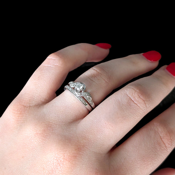 Vintage Ring Set Diamonds 10k White Gold Engagement Ring Wedding Band Retro Gift