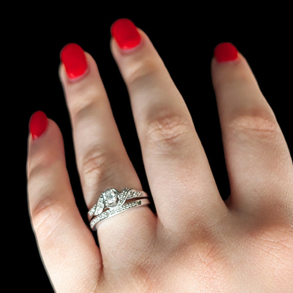 Vintage Ring Set Diamonds 10k White Gold Engagement Ring Wedding Band Retro Gift