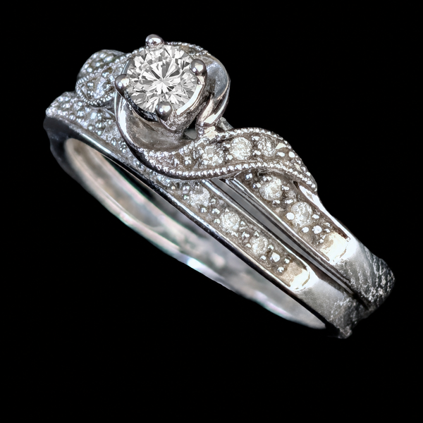 Vintage Ring Set Diamonds 10k White Gold Engagement Ring Wedding Band Retro Gift