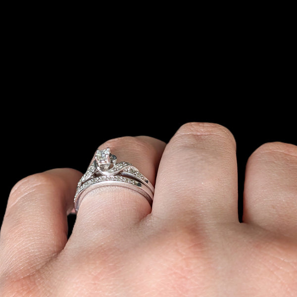 Vintage Ring Set Diamonds 10k White Gold Engagement Ring Wedding Band Retro Gift