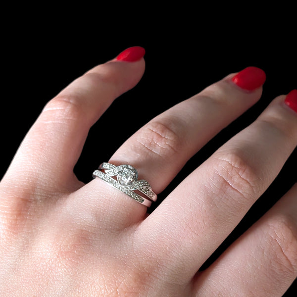Vintage Ring Set Diamonds 10k White Gold Engagement Ring Wedding Band Retro Gift