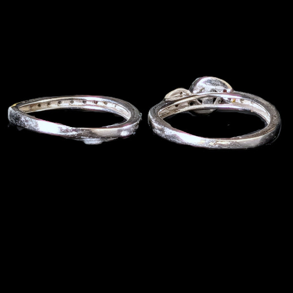 Vintage Ring Set Diamonds 10k White Gold Engagement Ring Wedding Band Retro Gift