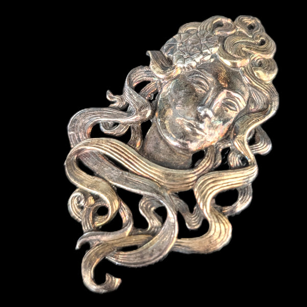 Art Nouveau Sterling Silver Nymph Maiden Pendant / Brooch Convertible Antique