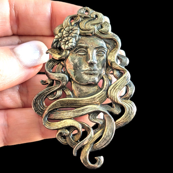 Art Nouveau Sterling Silver Nymph Maiden Pendant / Brooch Convertible Antique