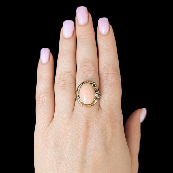 1960s Vintage Angelskin Coral Diamond 14k Yellow Gold Cocktail Ring Leaf Floral 