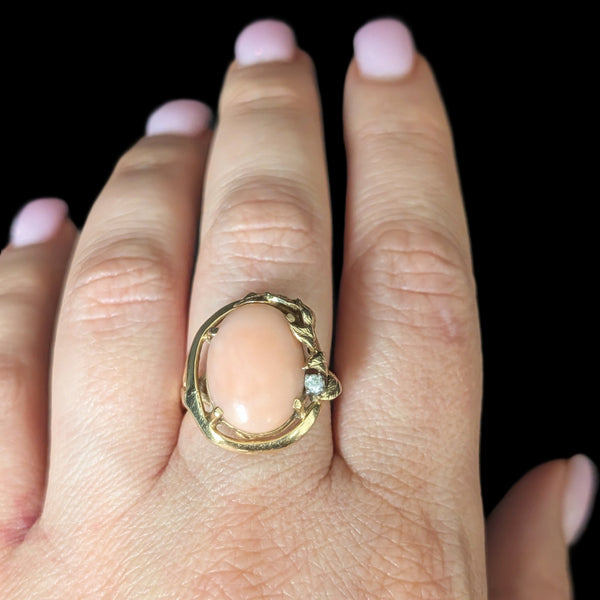 1960s Vintage Angelskin Coral Diamond 14k Yellow Gold Cocktail Ring Leaf Floral 