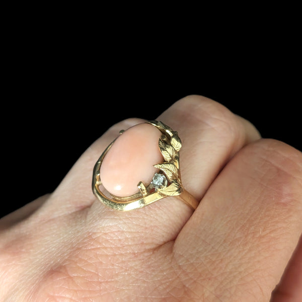 1960s Vintage Angelskin Coral Diamond 14k Yellow Gold Cocktail Ring Leaf Floral 