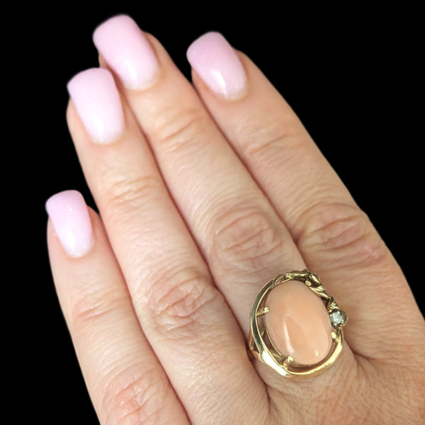 1960s Vintage Angelskin Coral Diamond 14k Yellow Gold Cocktail Ring Leaf Floral 
