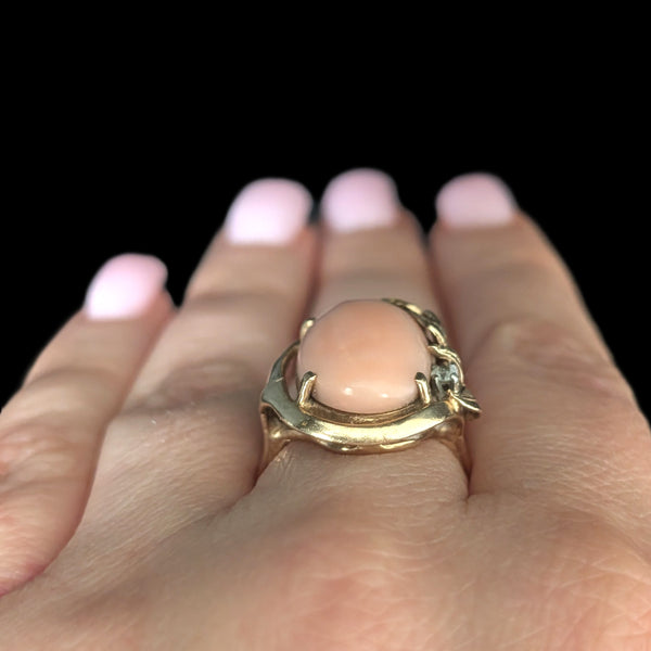 1960s Vintage Angelskin Coral Diamond 14k Yellow Gold Cocktail Ring Leaf Floral 