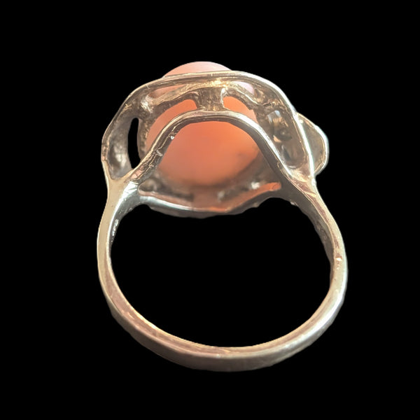 1960s Vintage Angelskin Coral Diamond 14k Yellow Gold Cocktail Ring Leaf Floral 