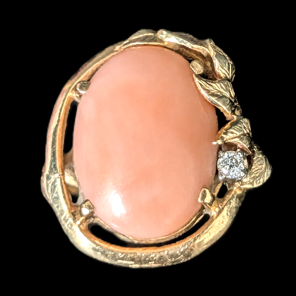 1960s Vintage Angelskin Coral Diamond 14k Yellow Gold Cocktail Ring Leaf Floral 