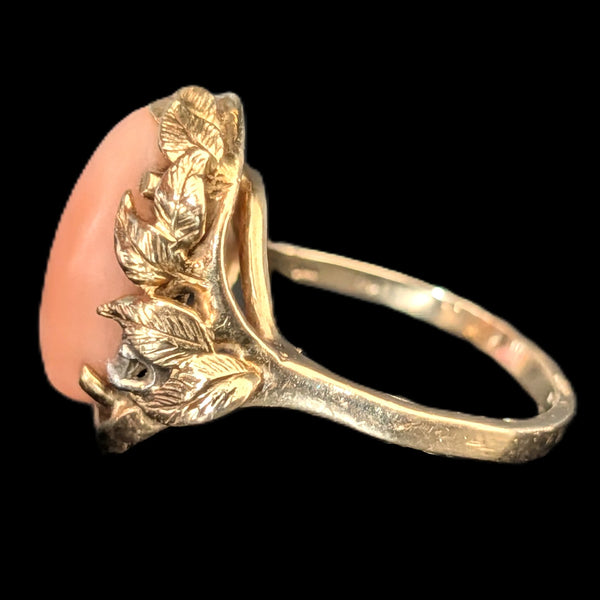 1960s Vintage Angelskin Coral Diamond 14k Yellow Gold Cocktail Ring Leaf Floral 