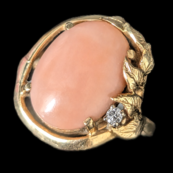 1960s Vintage Angelskin Coral Diamond 14k Yellow Gold Cocktail Ring Leaf Floral 