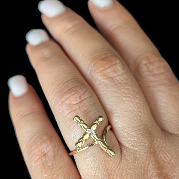 Vintage Cross Ring Baguette Cut Diamond 10k Yellow Gold Christian Religious Gift
