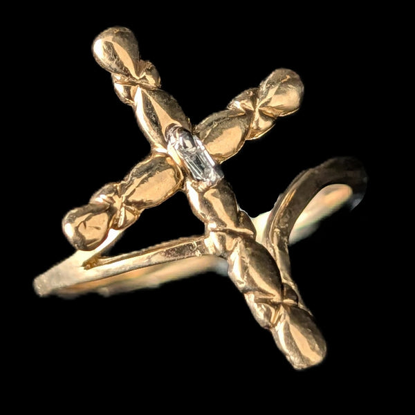Vintage Cross Ring Baguette Cut Diamond 10k Yellow Gold Christian Religious Gift