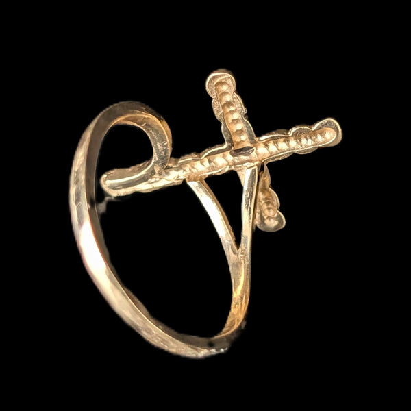 Vintage Cross Ring Baguette Cut Diamond 10k Yellow Gold Christian Religious Gift