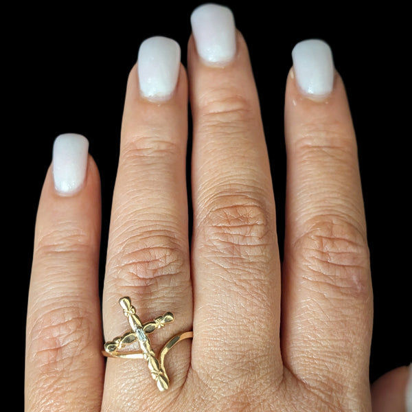 Vintage Cross Ring Baguette Cut Diamond 10k Yellow Gold Christian Religious Gift