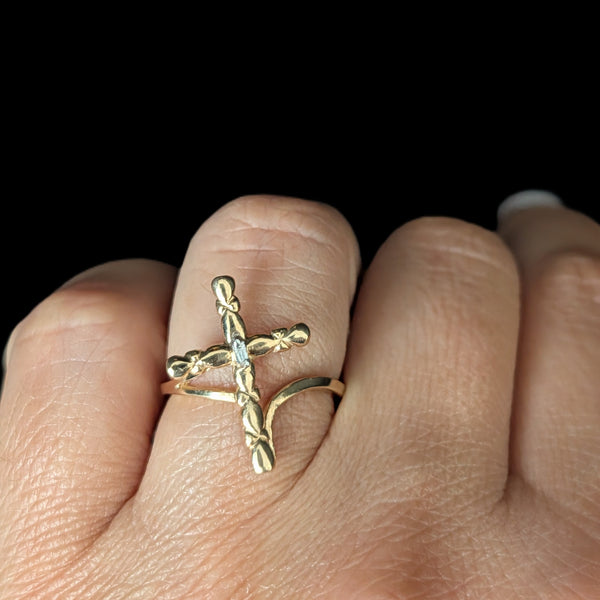 Vintage Cross Ring Baguette Cut Diamond 10k Yellow Gold Christian Religious Gift