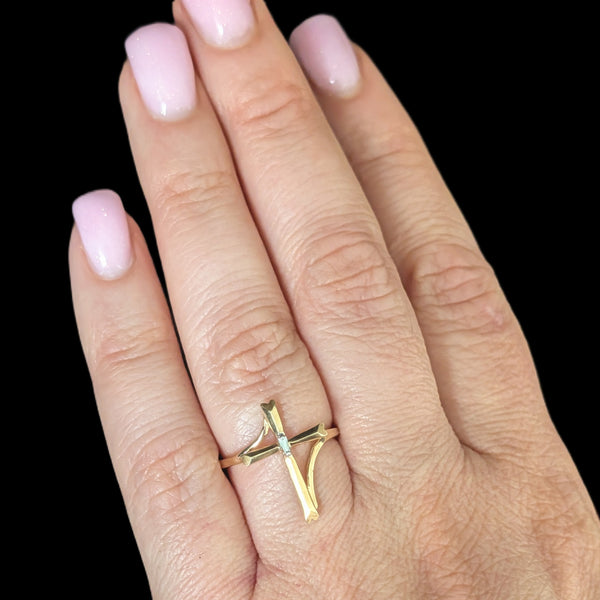 Vintage Baguette Cut Diamond 10k Yellow Gold Cross Ring Christian Religious Gift 