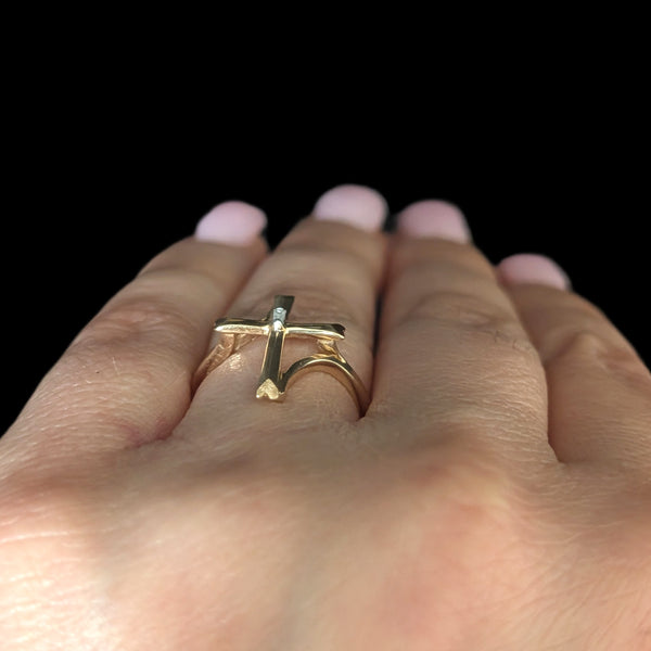 Vintage Baguette Cut Diamond 10k Yellow Gold Cross Ring Christian Religious Gift 