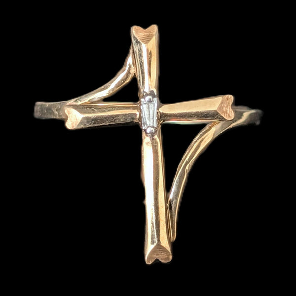 Vintage Baguette Cut Diamond 10k Yellow Gold Cross Ring Christian Religious Gift 