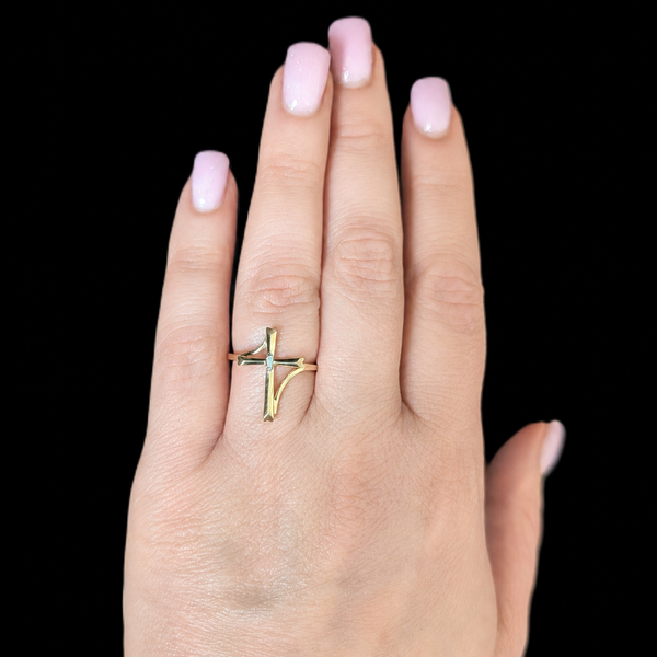 Vintage Baguette Cut Diamond 10k Yellow Gold Cross Ring Christian Religious Gift 