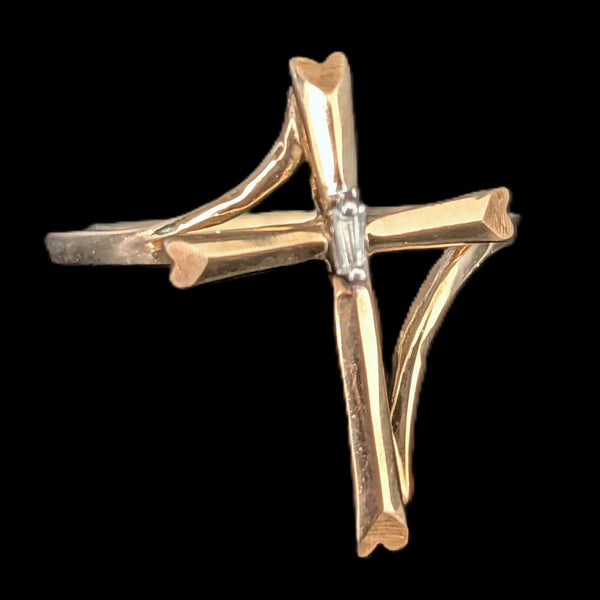 Vintage Baguette Cut Diamond 10k Yellow Gold Cross Ring Christian Religious Gift 