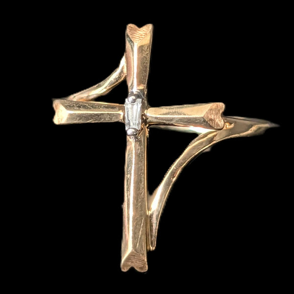 Vintage Baguette Cut Diamond 10k Yellow Gold Cross Ring Christian Religious Gift 