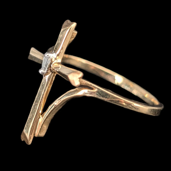 Vintage Baguette Cut Diamond 10k Yellow Gold Cross Ring Christian Religious Gift 