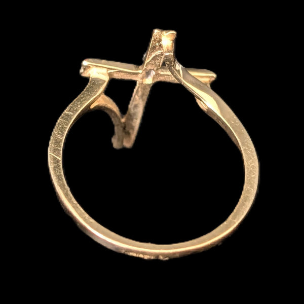 Vintage Baguette Cut Diamond 10k Yellow Gold Cross Ring Christian Religious Gift 