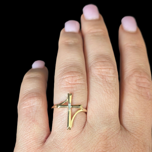 Vintage Baguette Cut Diamond 10k Yellow Gold Cross Ring Christian Religious Gift 