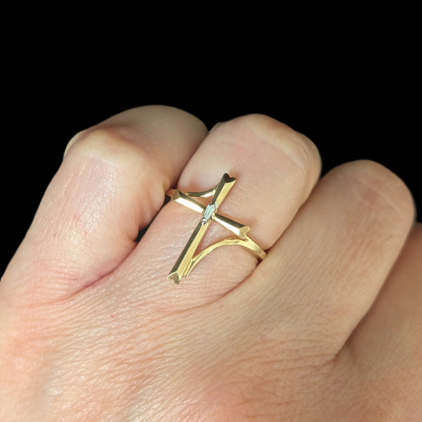 Vintage Baguette Cut Diamond 10k Yellow Gold Cross Ring Christian Religious Gift 