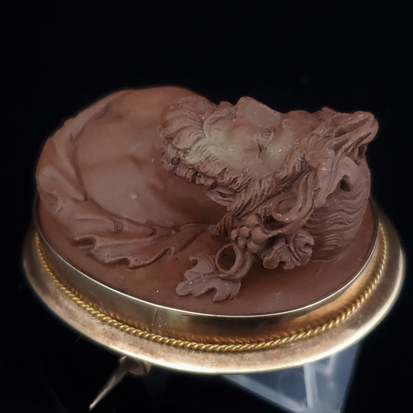 1800s Antique High Relief Lava Cameo 14k Gold Brooch FOB Dionysus Victorian Gift