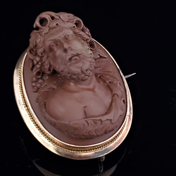 Antique mid 1800s high relief carved lava cameo brooch fob 14k gold dionysus