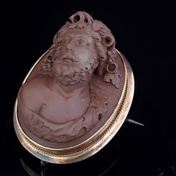 1800s Antique High Relief Lava Cameo 14k Gold Brooch FOB Dionysus Victorian Gift