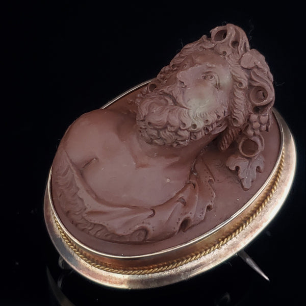 1800s Antique High Relief Lava Cameo 14k Gold Brooch FOB Dionysus Victorian Gift