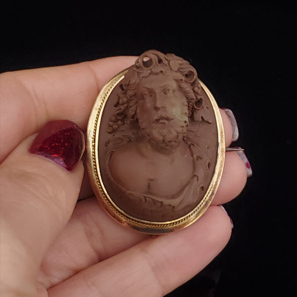 1800s Antique High Relief Lava Cameo 14k Gold Brooch FOB Dionysus Victorian Gift