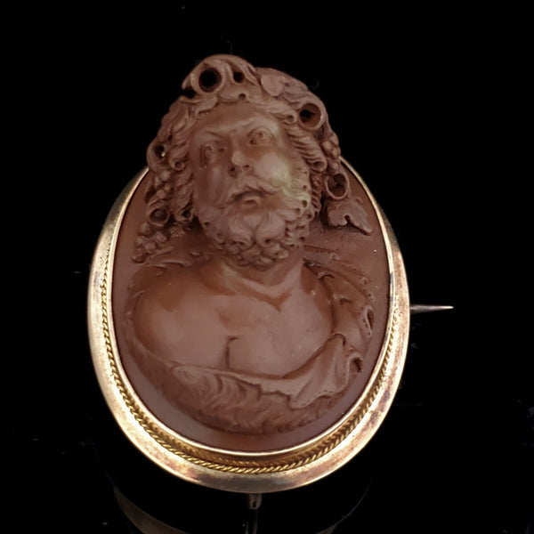1800s Antique High Relief Lava Cameo 14k Gold Brooch FOB Dionysus Victorian Gift