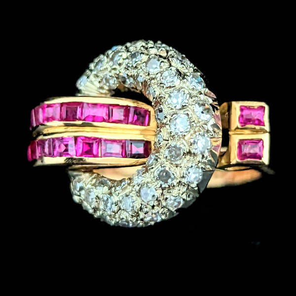 1939 Retro Diamonds Rubies 18k Multi Tone Gold Cocktail Ring Vintage Mid Century