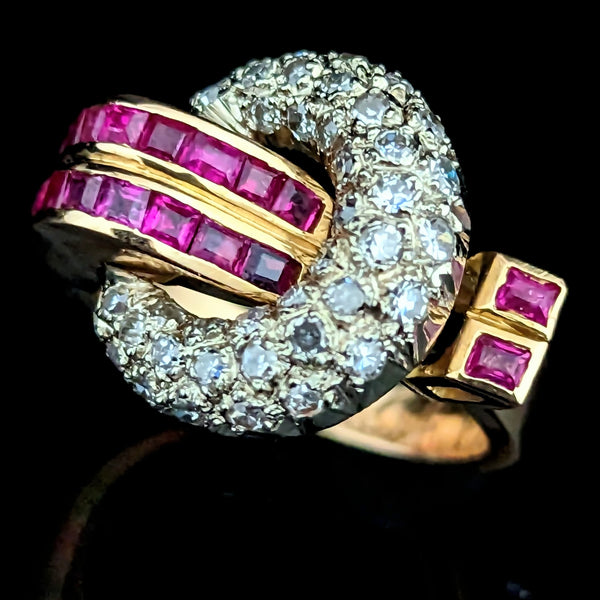 1939 Retro Diamonds Rubies 18k Multi Tone Gold Cocktail Ring Vintage Mid Century