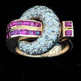 1939 Retro Diamonds Rubies 18k Multi Tone Gold Cocktail Ring Vintage Mid Century
