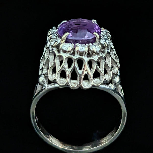 1950s Amethyst Diamond 14k White Gold Cocktail Dome Ring Boule Vintage Retro