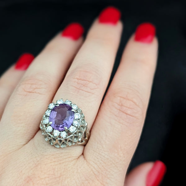 1950s Amethyst Diamond 14k White Gold Cocktail Dome Ring Boule Vintage Retro