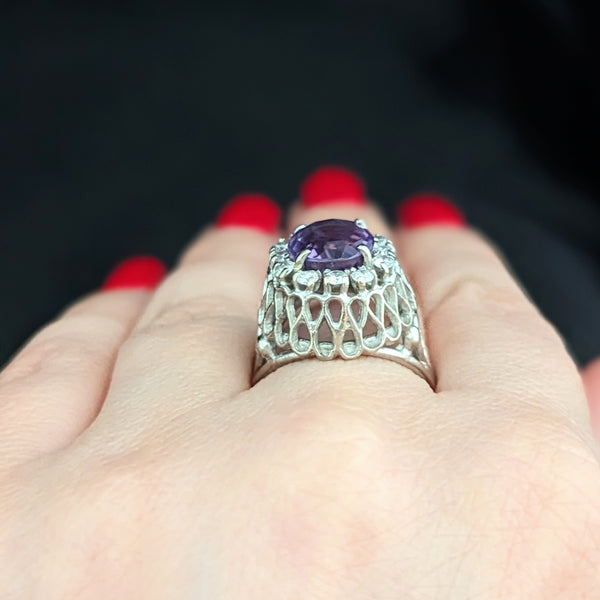 1950s Amethyst Diamond 14k White Gold Cocktail Dome Ring Boule Vintage Retro