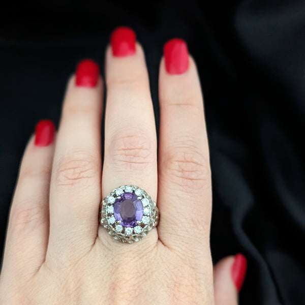 1950s Amethyst Diamond 14k White Gold Cocktail Dome Ring Boule Vintage Retro