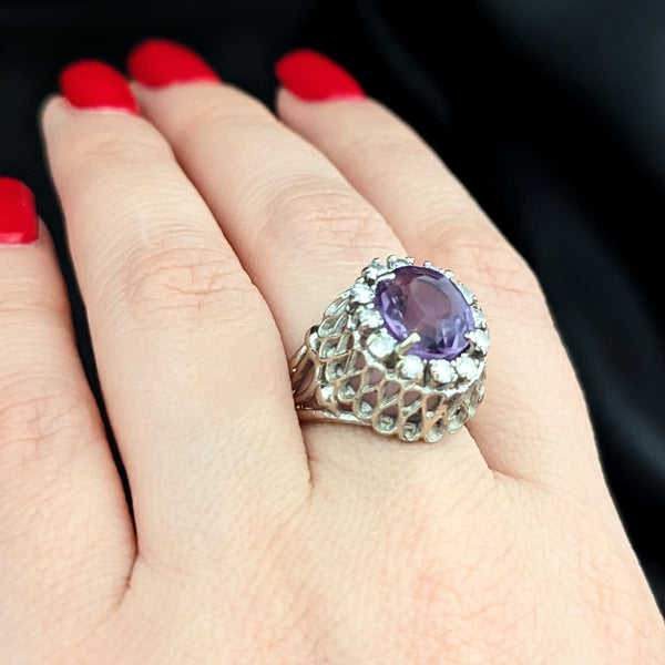 1950s Amethyst Diamond 14k White Gold Cocktail Dome Ring Boule Vintage Retro